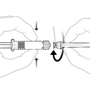 Two hands holding syringes being twisted together in the direction of arrows indicating rotational movement to connect the tips