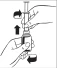 Hands assembling a syringe onto a medication vial, indicated by black arrows showing upward and downward movements as well as rotational motion using the hands