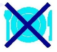 Blue icon of a plate, fork, and knife crossed out with a large dark blue X on a white background