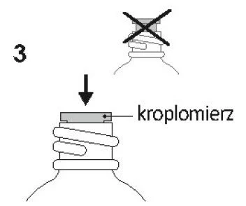 Schemat instrukcji z cyfrą 3 pokazujący nakładanie kroplomierza na butelkę z lekiem, przy czym górna część z przekreśleniem oznacza niewłaściwy sposób