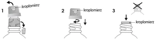 Trzyetapowa instrukcja użycia leku: 1. odkręcanie kroplomierza, 2. nakręcanie kroplomierza na butelkę, 3. odwrócenie butelki kroplomierzem do dołu