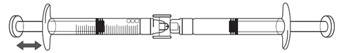 Disegno schematico di due parti di una siringa che si uniscono in un punto centrale, con una freccia indicante il movimento dello stantuffo nella parte sinistra