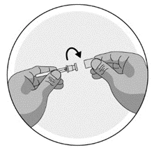 Due mani che tengono una siringa e un piccolo componente, con la siringa ruotata nel senso indicato dalla freccia nera all'interno di un cerchio