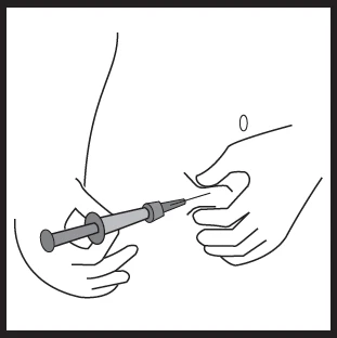 Dibujo que muestra manos sosteniendo una jeringa con aguja que se introduce en el abdomen cerca del ombligo para administrar un medicamento