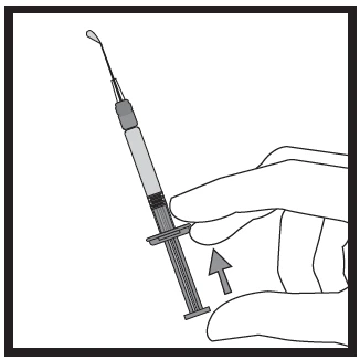 Hand holding a syringe at an angle, with a gray arrow indicating downward plunger movement for drug administration