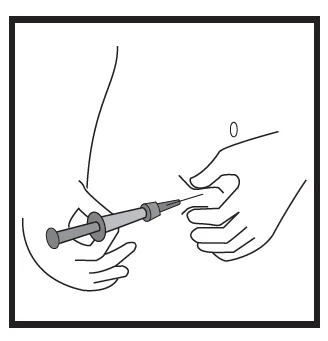 Hands holding a syringe with needle being applied to the abdomen for subcutaneous or intramuscular injection