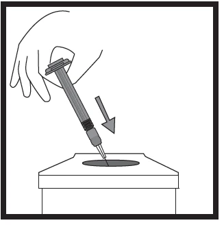 Hand holding a syringe directed at an angle toward an opening in a white box, indicated by a downward directional arrow