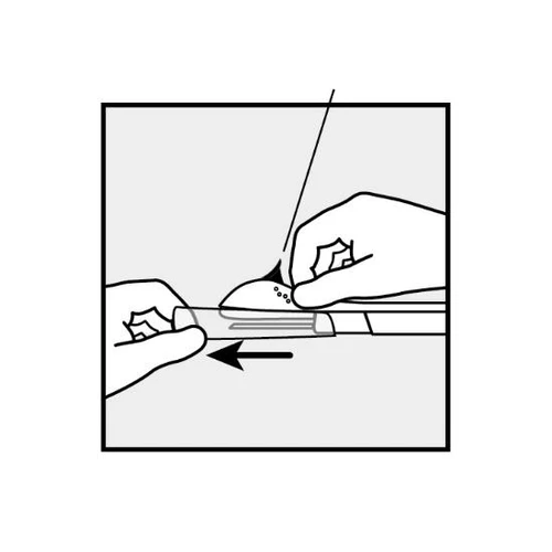 Two hands horizontally moving a white object to the left, indicated by a black arrow, while one hand holds the end with small dots