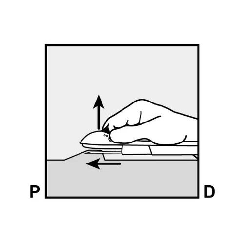 Hand sliding a medical device to the left across a flat surface, indicated by directional arrows and letters P and D
