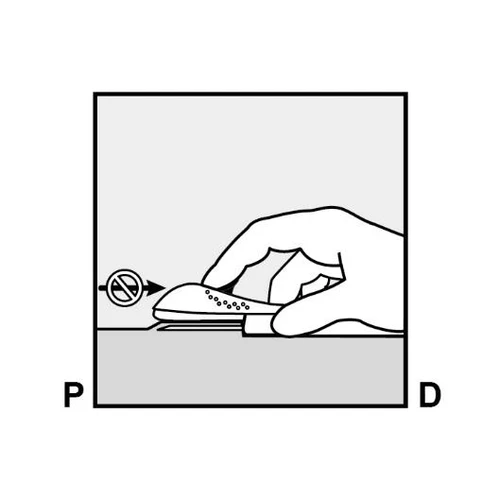 Hand holding a white object with dots between letters P and D, with a crossed-out arrow symbol pointing to the top of the object