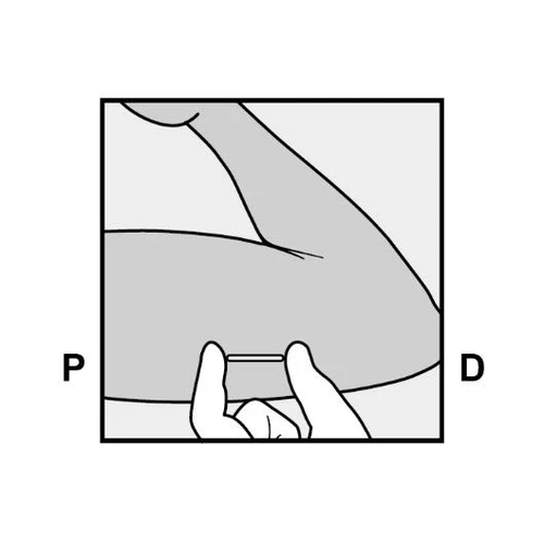 Hand holding a thin needle or applicator under the arm, directed toward the upper part of the deltoid muscle for drug administration