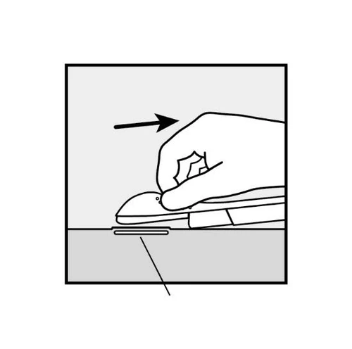 A black arrow indicates the direction of hand movement holding a white medical applicator being moved to the right across a flat surface