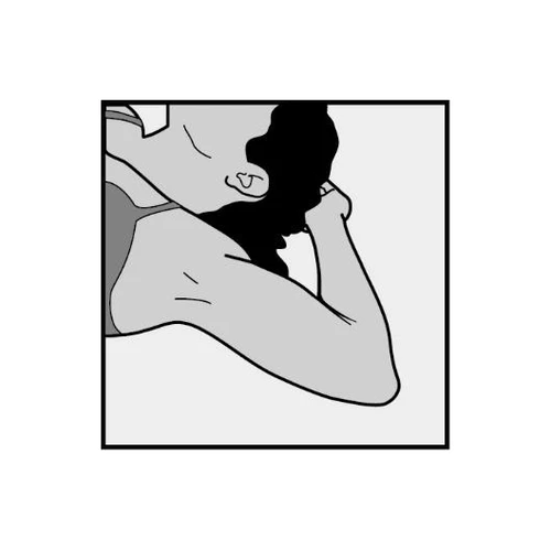 Black-and-white graphic depicting a woman in profile with hand applied to head and arm directed downward on a light background