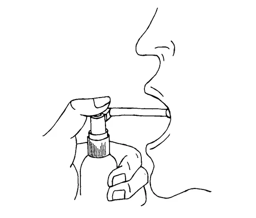 Illustration showing a hand holding an inhaler near open mouth of a face profile of a person preparing to take medication