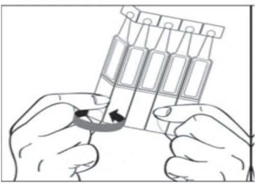 Two hands holding and rotating a strip downward with four sachets hanging vertically, indicating the direction of rotation with an arrow