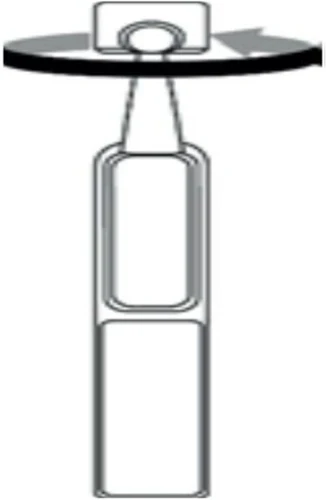 A schematic black-and-white instruction showing twisting a cap or the upper part of a bottle in the direction indicated by a curved arrow