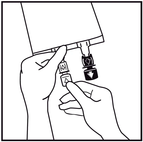 Two hands holding a white package with two elements extending out, showing black arrows indicating downward movement