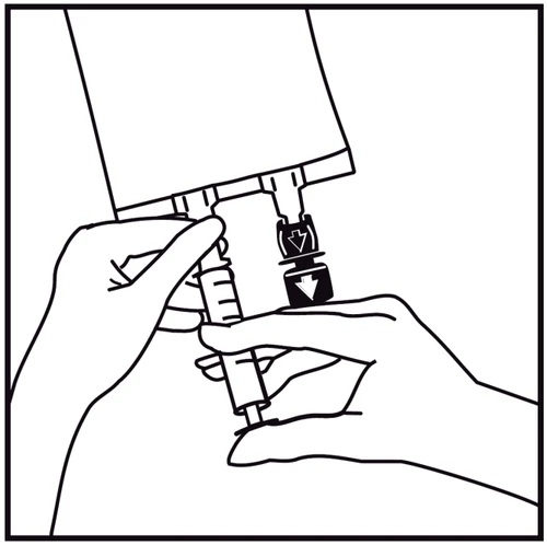 Two hands attaching an injector tip to a syringe, sliding a component with a black arrow downward toward the device