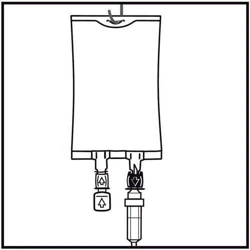 Schematic drawing of a vertical medical fluid bag with two bottom valves, one of which has a downward-pointing arrow