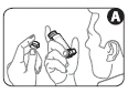 Two hands holding a vial of medication, one hand unscrewing the cap, a black circle with a white letter A in the upper right corner