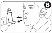 Illustration showing a man holding an inhaler in front of his mouth, with two arrows indicating the direction of inhalation through the mouth into the device