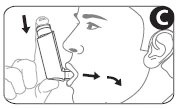 Side profile illustration of a person holding an inhaler at the mouth, with an arrow indicating downward movement on the device and another arrow pointing toward the throat