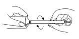 Two hands holding a long cylindrical device, performing a twisting motion indicated by two curved arrows pointing in opposite directions