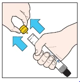 Two hands unscrewing a yellow cap from a white medical pen, indicated by blue arrows suggesting lateral movement