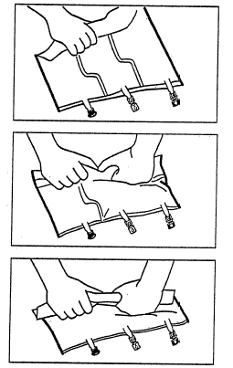 Tres ilustraciones que muestran manos desenrollando y extendiendo un material blanco con tres cierres en el borde inferior para prepararlo para su uso