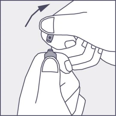 Hands holding and unscrewing the top part of a medical device, indicated by a black arrow suggesting an upward motion