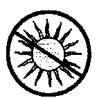 Símbolo en blanco y negro de un sol circular con rayos, tachado por una línea diagonal dentro de un círculo grueso, que indica prohibición de exponer al sol