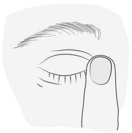 Dibujo que muestra un dedo índice tocando el borde de un ojo cerrado, con pestañas visibles y ceja en la parte superior