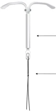 A white T-shaped insert with long black strings hanging from its lower part on a plain white background