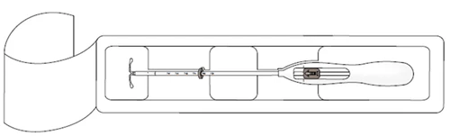 Schematic drawing of a medical device with a long needle and handle placed in a rectangular white package with cut-out sections for components