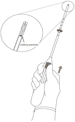 Hand holding a long syringe with a close-up of the tip showing a silver ring and an arrow indicating the direction of device movement