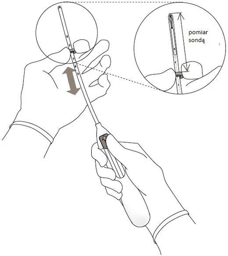Illustration showing hands holding a long medical probe with an enlargement demonstrating how a measurement is taken on its housing