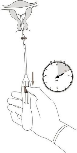 Hand holding an applicator inserting a tube into the vagina next to a clock indicating the passage of 10 seconds