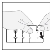 Two hands tearing open a white package with dashed lines indicated and a black arrow showing the direction for opening the product