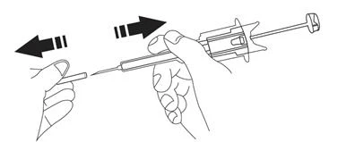 Two hands moving the syringe left and right, indicating back-and-forth motion suggested by black arrows above the needle and plunger