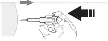 Hand holding an injector directed toward the body, with black arrows indicating movement directions to the left and right