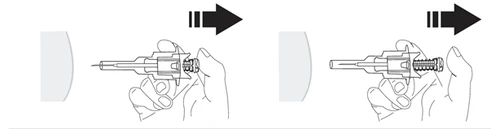 Two illustrations showing a hand holding an injector directed toward the thigh, with a black arrow indicating movement to the right for administering medication