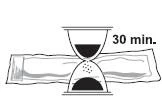 Black hourglass with flowing sand placed against a horizontal shape, with '30 min' written next to the upper part of the device