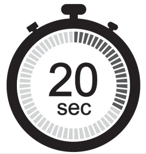 Black timer icon with the number 20 and 'sec' text on a white background, surrounded by markings indicating elapsed time