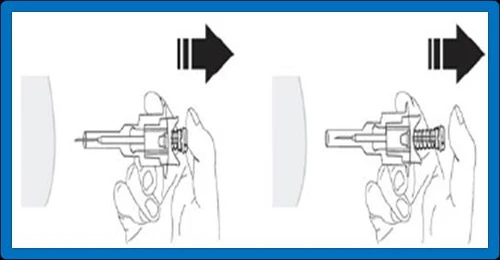 Schematic drawings of a hand holding an auto-injector directed toward the body, with black arrows indicating movement to the right