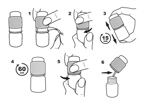 Schema in sei passaggi che illustra le mani che svitano, capovolgono e agitano la fiala e versano il medicinale in un contenitore