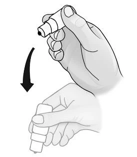 Dos manos sosteniendo un aplicador blanco, una flecha negra indica el movimiento de la mano hacia abajo para administrar el medicamento