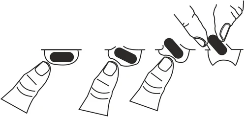 Diagram showing instructions for applying a black plaster to the skin, illustrating the successive steps of holding and pressing the patch with fingers