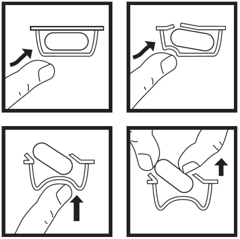 Four diagrams showing opening a medication package by pressing the edge, peeling off the top part, and removing the capsule with fingers