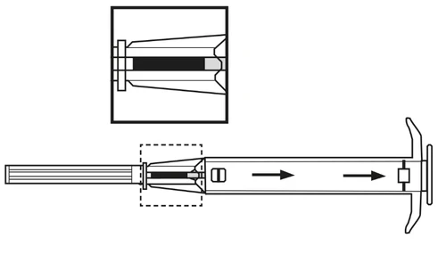 Schematic illustration of an injector's operation, with an enlarged section showing the movement of the plunger inside the cylinder indicated by arrows