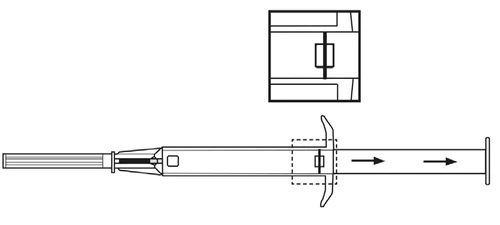 Schematic instruction for using a syringe, with two arrows indicating the direction of plunger movement and a close-up of the plunger locking mechanism